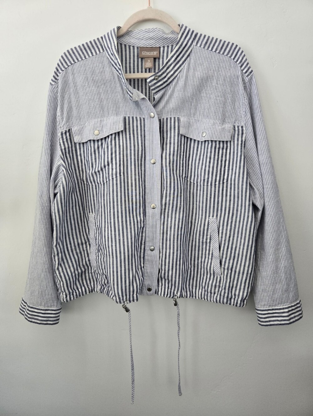 Chico's Linen Cotton blend striped snap-front jacket. Size Chico's 3 (XL).